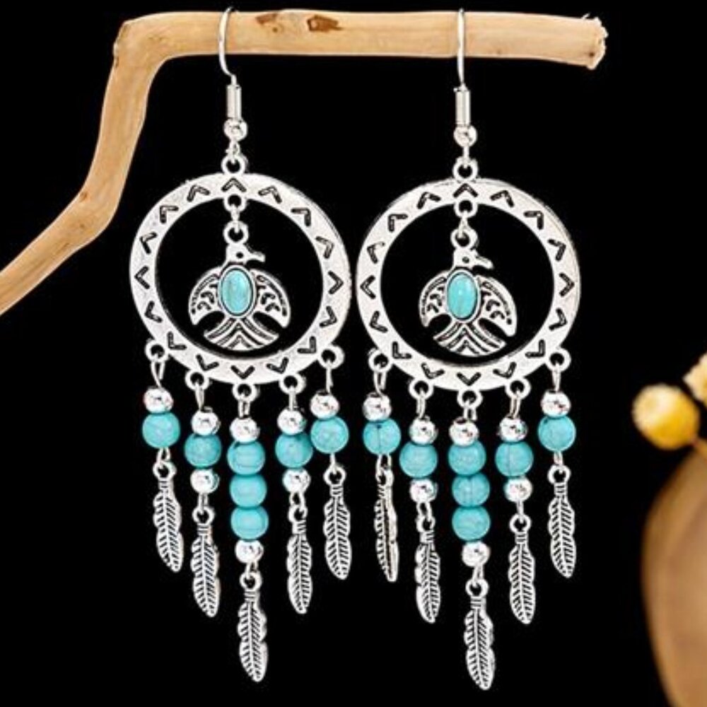 Boho Dreamcatcher Earrings | Feather & Tassel Dangle | Turquoise, Mixed Metal